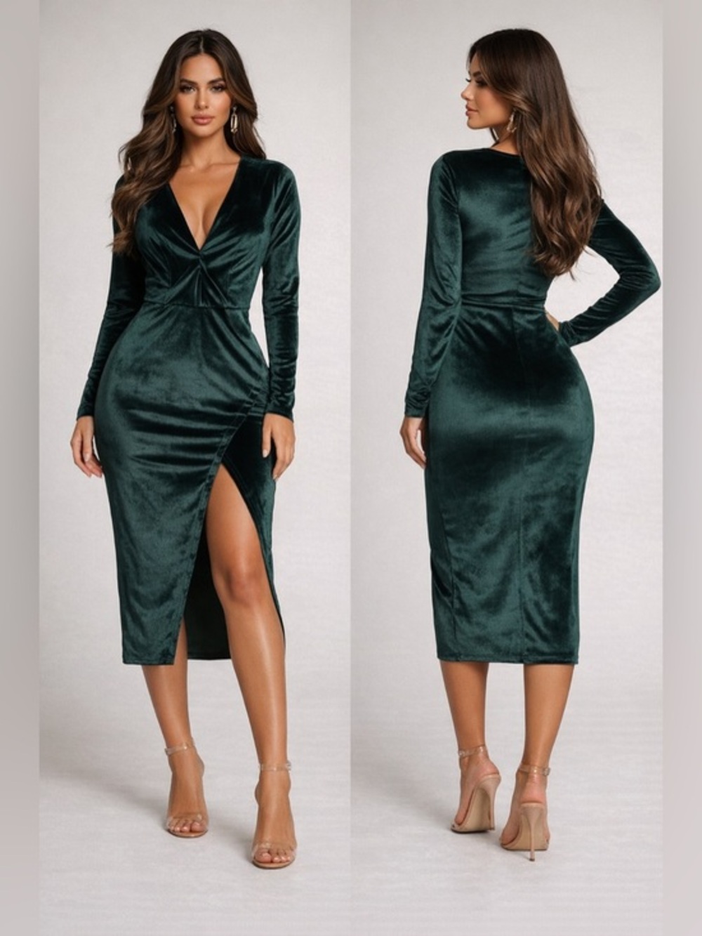 Club L London Deep Evergreen Velvet Midi Dress | Long Sleeve Wrap Slit | Size M